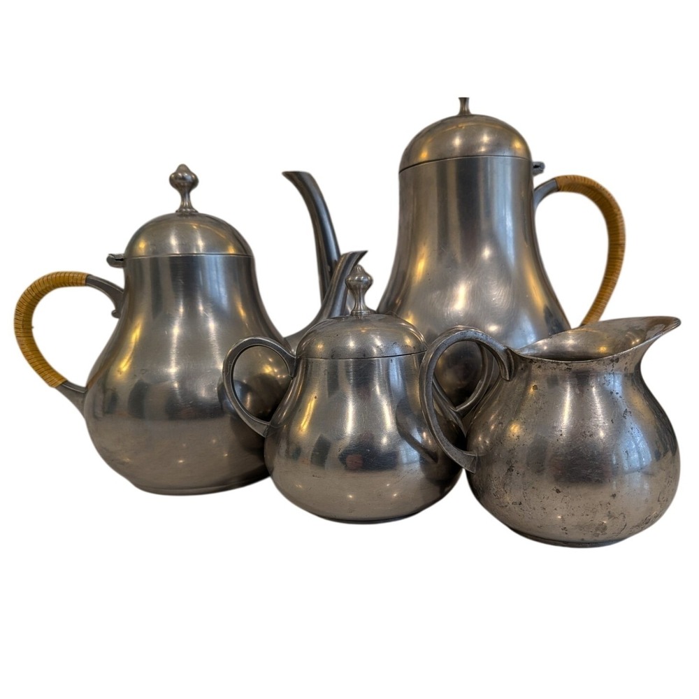 Royal Holland Pewter Daalderop Tea Coffee Set Rattan Handles MCM 4 Piece Holland